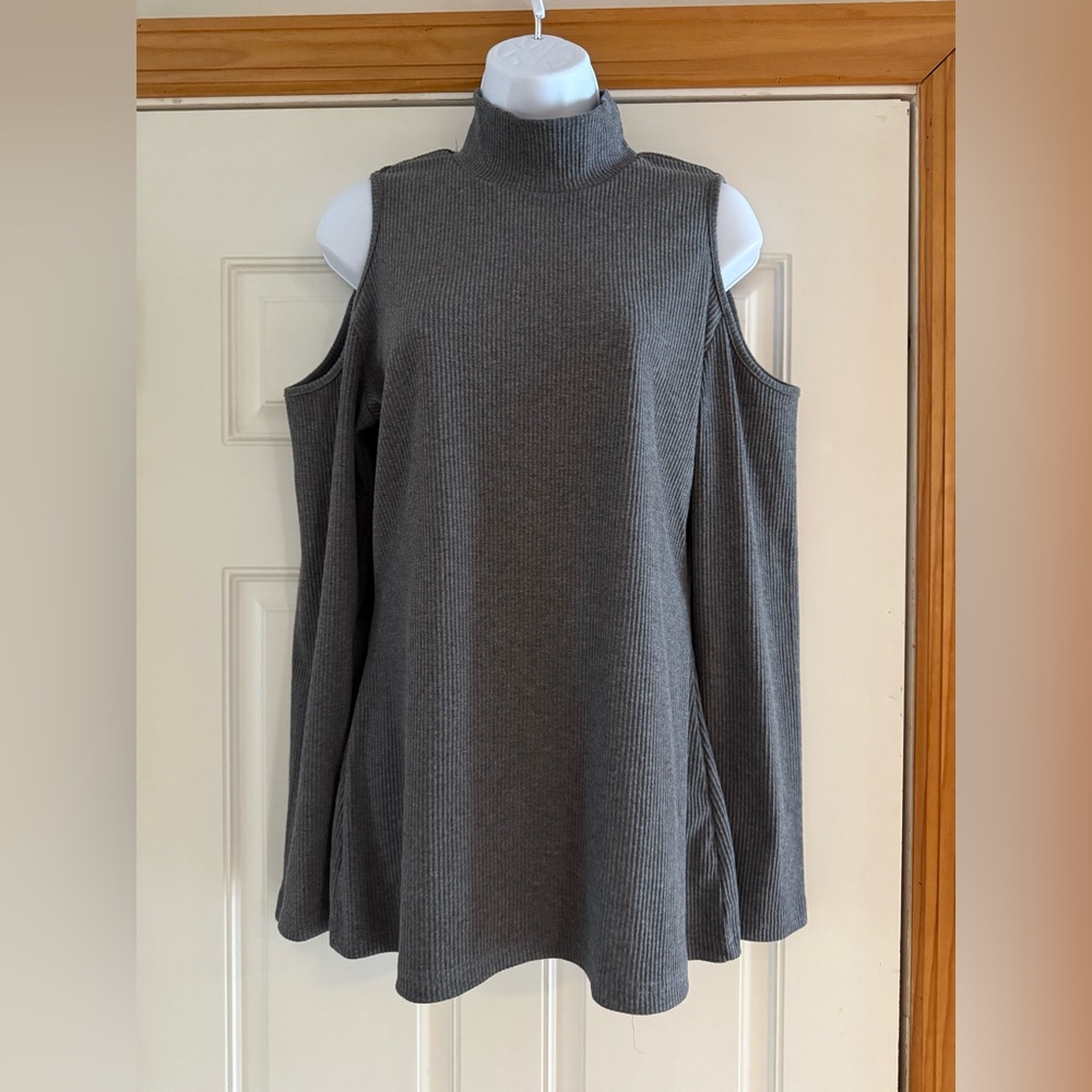 Elegant Charcoal Cold Shoulder Women's Mock Turtleneck